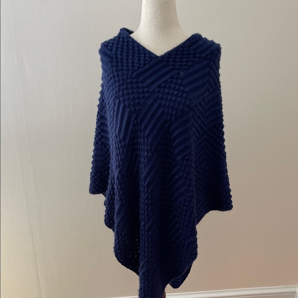 Chico’s Textured Knit Poncho Sweater Navy Blue V-Neck One Size